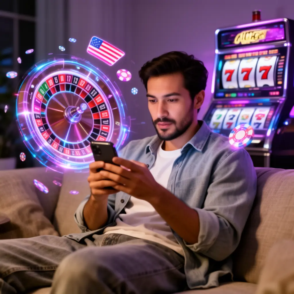 Confident Malaysian player using the PP69 casino app with neon slot symbols and a roulette wheel glowing behind him