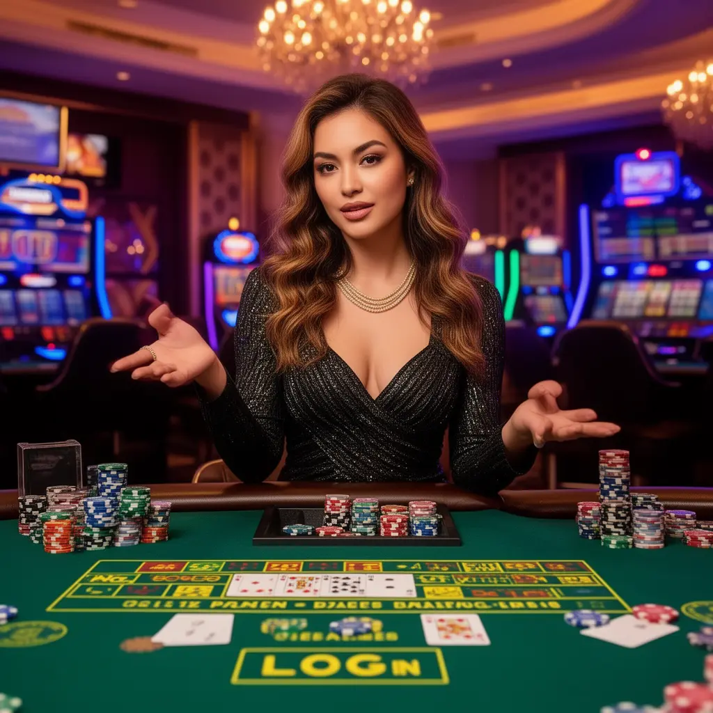 Elegant live casino dealer at a poker table surrounded by chips and cards highlighting the immersive PP69 online casino experience for players in Malaysia