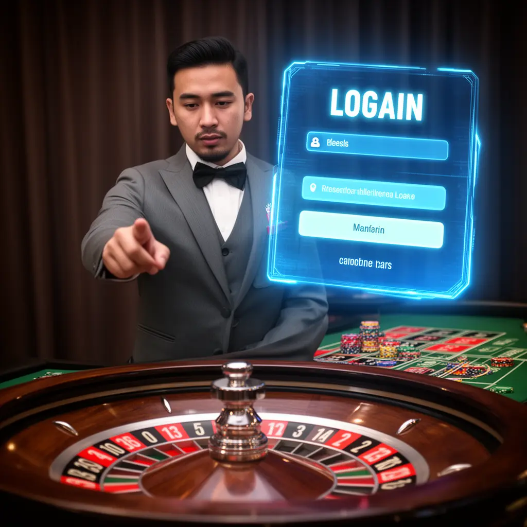 Confident casino professional reaching out to activate a futuristic holographic login interface with a vibrant roulette wheel behind for PP69 Malaysia