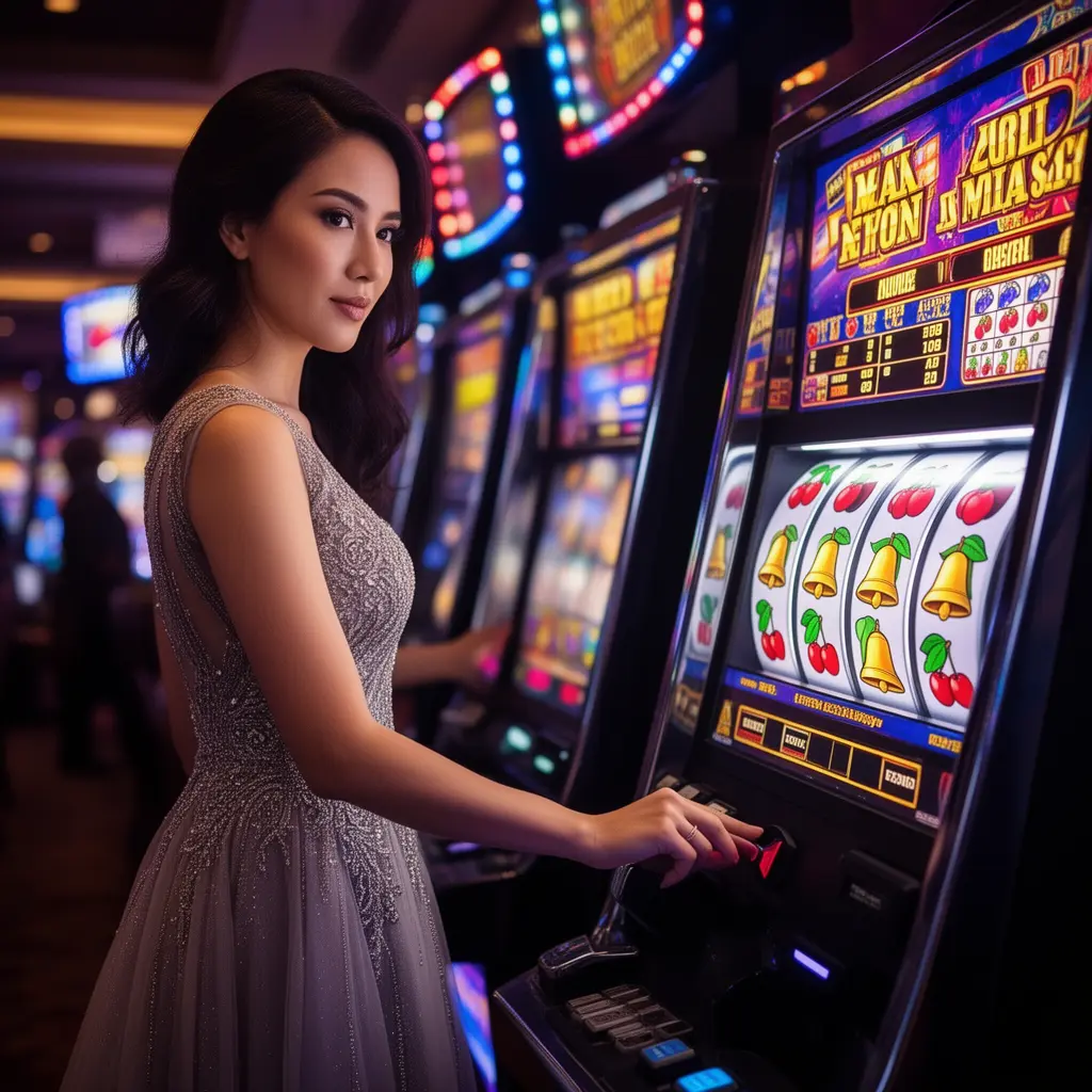 A confident Malaysian woman in a luxury evening dress playing a glowing slot machine with cherries and bells symbols at PP69 casino in a stylish gaming atmosphere